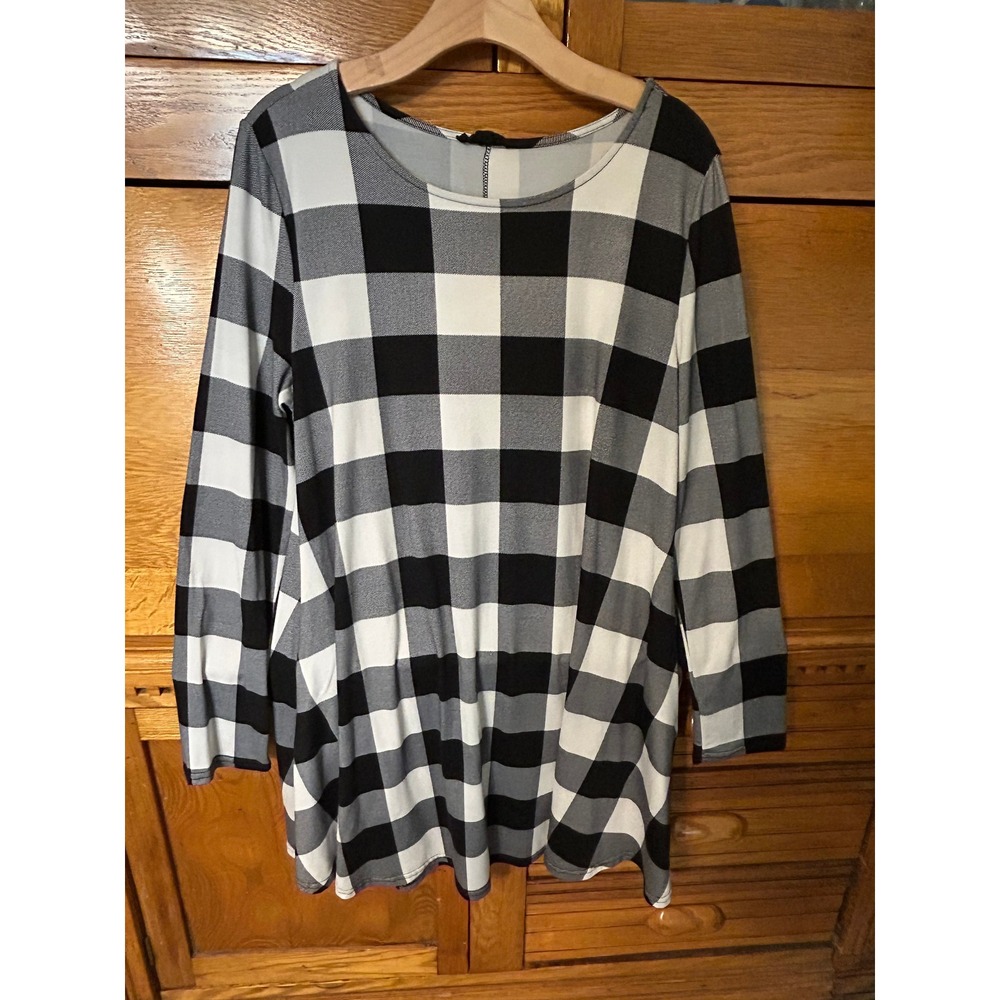 Black White Buffalo Plaid Long Sleeve Tunic Top Mini Comfy Relaxed A-Line Check